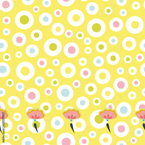 Yellow folk art floral border with pink and yellow blossoms and pastel dot. Surface pattern design.