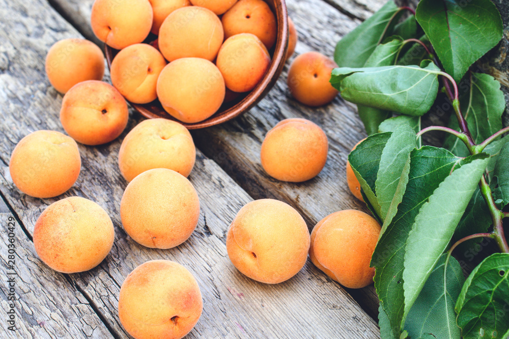 Ripe yellow apricots in a bowl on a wooden table near green leaves. Ripe yellow apricots in a bowl on a wooden table near green leaves.