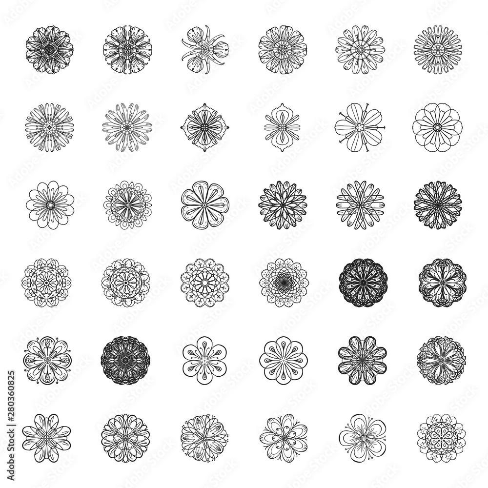 Flower vector set in sketch style. Isolated black icons on white ...