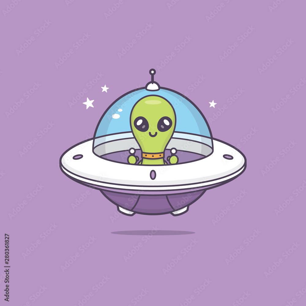 Cute kawaii alien in space ship vector cartoon illustration