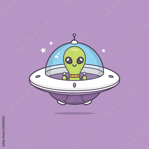 Fototapeta Cute kawaii alien in space ship vector cartoon illustration