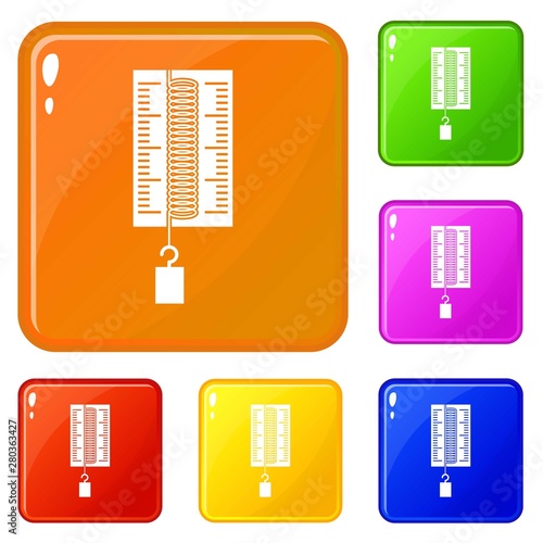 Physics dynamometer for laboratory work icons set collection vector 6 color isolated on white background