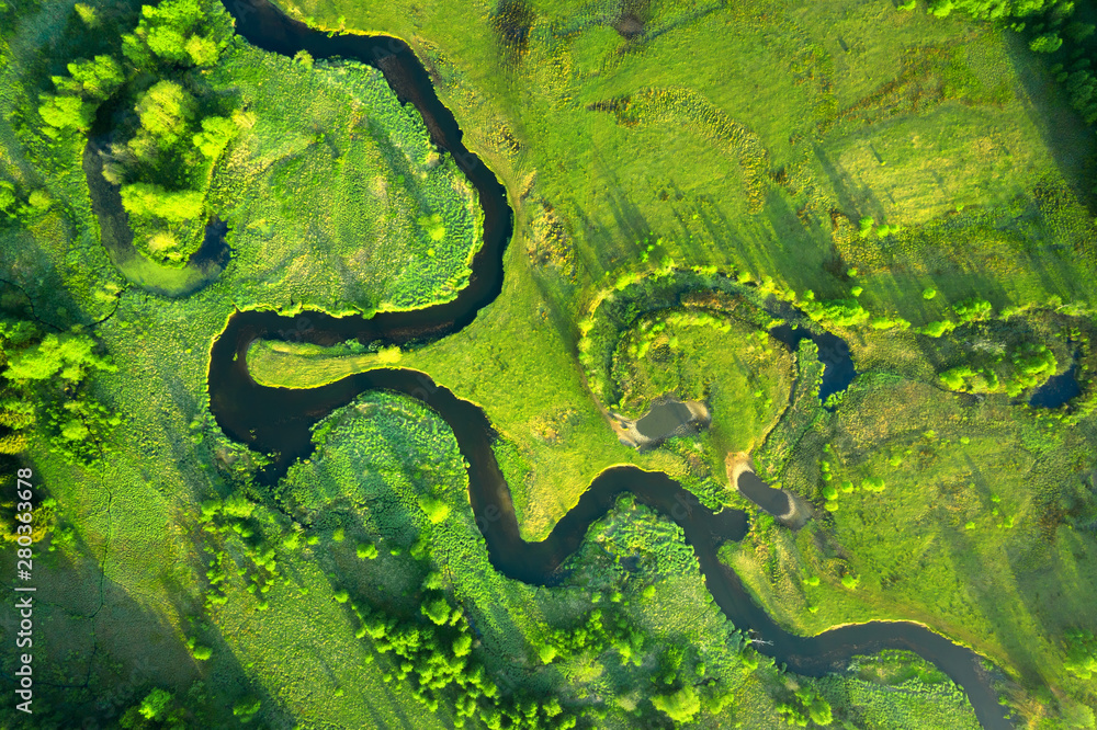 Ecology and environment concept. Green nature from above. Aerial view on river landscape. Healthy nature - obrazy, fototapety, plakaty 