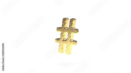 Animation of Casting a 3D Liquid Gold Font. Symbol Octothorp (#, Number, Hashtag, Hash, Sharp) is Poured, Hardens and Rotates like a Bare of Gold Isolated on a White Background. Luma Matte Included. photo