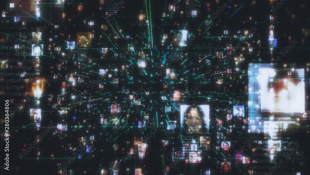 artificial intelligence concept with a social network as a dark stream of unrecognizable people portraits connecting each other in the global web with blue lines on black background, 3d rendering 4K artificial intelligence concept with a social network as a dark stream of unrecognizable people portraits connecting each other in the global web with blue lines on black background, 3d rendering 4K