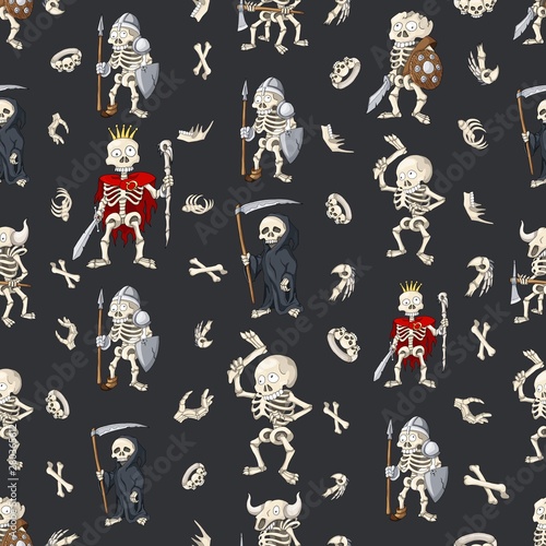 Halloween seamless pattern, background with cartoon hand drawn skeletons