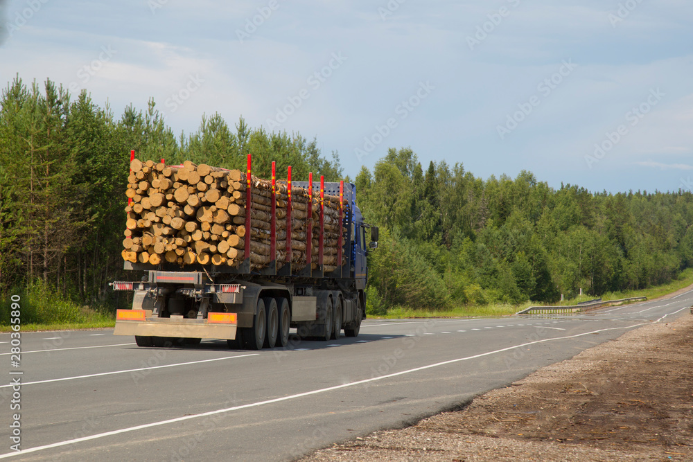 Logging truck in the summer going on the highway.