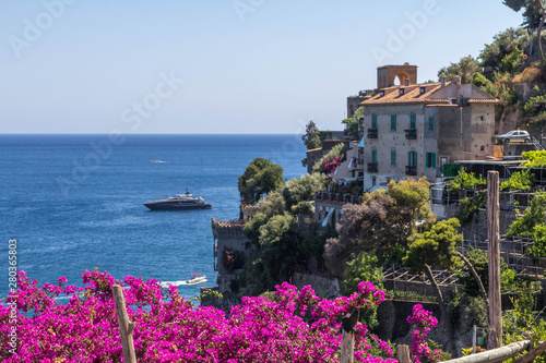 Landscape view of the sea and buildings of a village at the Amalfi region, Positano, Italy