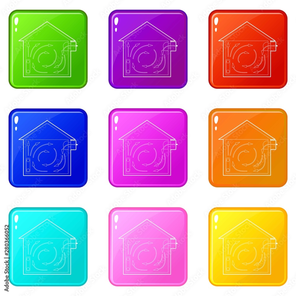 Ventilated home icons set 9 color collection isolated on white for any design Ventilated home icons set 9 color collection isolated on white for any design