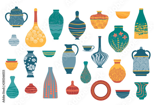 Ceramic crockery set. Pottery earthenware, vases, clay bowls and pots isolated on white.  