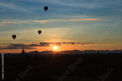 Hot Air Balloons at dawn over the temples of Bagan, Myanmar