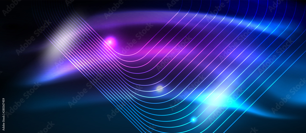 Neon glowing techno lines, hi-tech futuristic abstract background template with square shapes Neon glowing techno lines, hi-tech futuristic abstract background template with square shapes