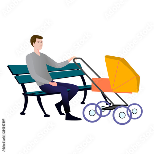 A young man sitting on a bench next to a pram. Cheerful single father on a walk in the Park with your child. Male nanny in park flat vector illustration.