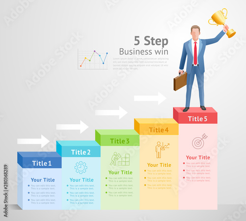 5 steps to business win concept. Businessman Men standing holding gold trophies on top infographics..
