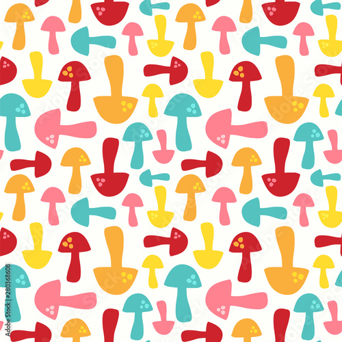 Seamless vector pattern with cute bright mushrooms.