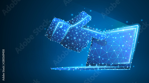 Human hand silhouette pointing on a notebook screen. Touchscreen, finger click concept. Abstract, digital wireframe, low poly mesh, vector blue neon 3d illustration. Line dot
