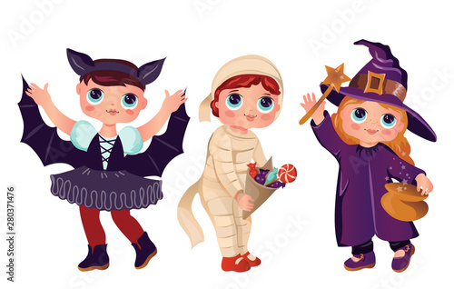 Cute girls with doll's face in Halloween witch,vampire and mummy costumes flat vector illustration isolated on white background. Halloween holidays poster or card.