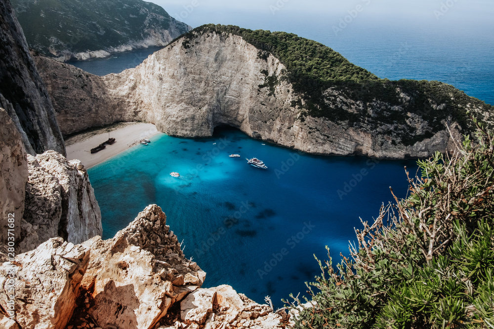 Fototapeta premium Beautiful view from the rock at navagio beach.
