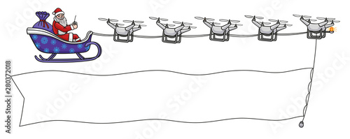 Santa Claus is flying on drones and shows banner on Christmas day.