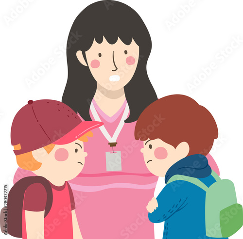 Kids Boys Student Conflict Teacher Illustration