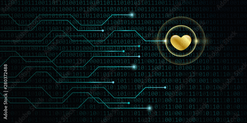 digital golden heart on binary code background online dating concept vector illustration EPS10