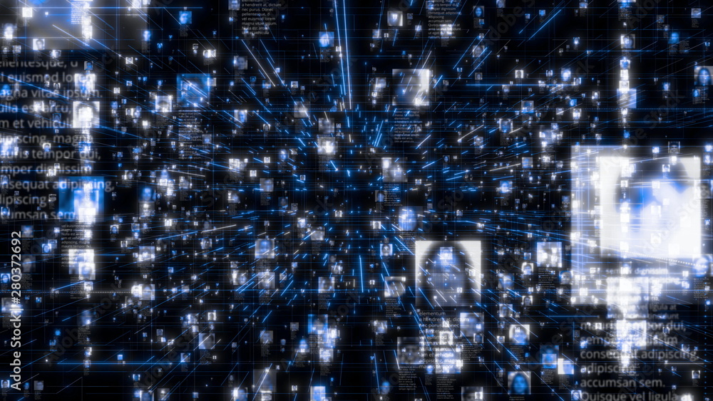 Social network as a flow of bright people portraits moving along dark blue network connections. Business, technology or social media motion background. 3D rendering video