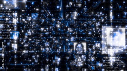 Social network as a flow of bright people portraits moving along dark blue network connections. Business, technology or social media motion background. 3D rendering video