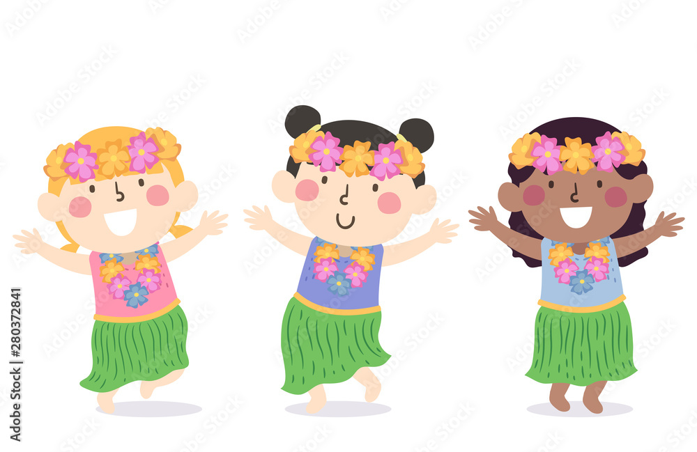 Kids Girls Hawaiian Dress Illustration Kids Girls Hawaiian Dress Illustration