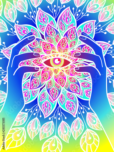 bright illustration with the image of hands on the background of openwork ornament