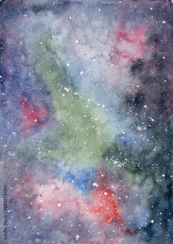 Watercolor space background with a colorful galaxy