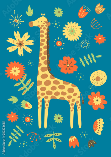Cute hand drawn giraffe with flowers