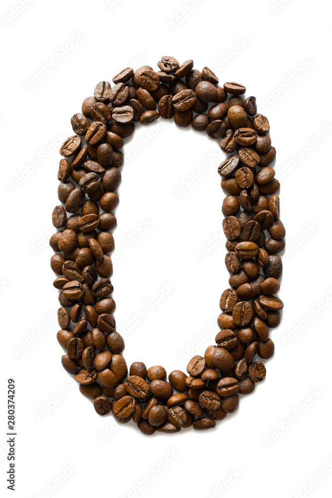 A digit 0 laid out of roasted fragrant coffee beans on a white background A digit 0 laid out of roasted fragrant coffee beans on a white background