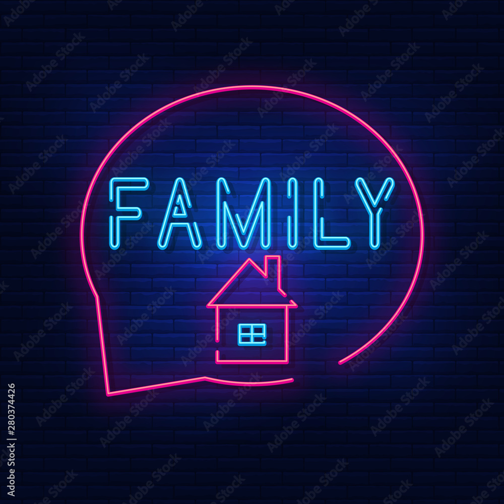 buste tælle Løsne Neon lighting lettering family and home, message. Bright advertising  housing. Modern vector logo, icon, banner, shield, screen, image of a  friendly family. Stock-vektor | Adobe Stock