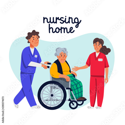 Social workers walking with grandmother in a wheelchair. Nursing home. Senior people healthcare assistance flat Vector illustration.