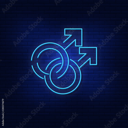 Neon lighting gender symbols(U+26 A3), two linked "male" signs as a symbol of male homosexuality. Modern vector logo, icon, banner, shield, screen, gender symbol.