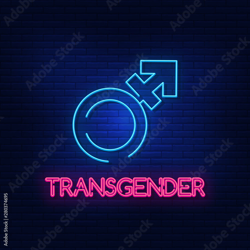 Neon lighting of the gender symbol(U+26A6) the "male" dashed symbol is used to denote transgender. Modern vector logo, icon, banner, shield, screen, gender symbol.