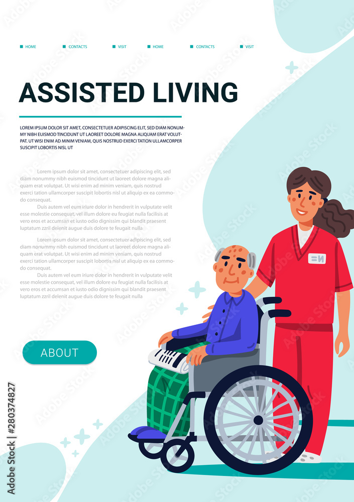 Assisred living concept. Old man in wheelchair and yound nurse. Vertical web page template. Social worker walking with grandfather in a wheelchair. Nursing home. Senior people healthcare assistance Assisred living concept. Old man in wheelchair and yound nurse. Vertical web page template. Social worker walking with grandfather in a wheelchair. Nursing home. Senior people healthcare assistance