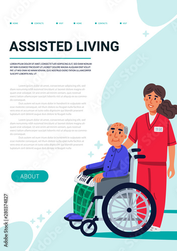 Assisred living concept. Old man in wheelchair and yound nurse. Vertical web page template. Social worker walking with grandfather in a wheelchair. Nursing home. Senior people healthcare assistance