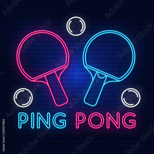 Neon lighting ping pong. Bright advertising rackets, balls. Modern vector logo, icon, banner, shield, screen, image of ping pong inscription. Night advertising on the background of a brick wall.