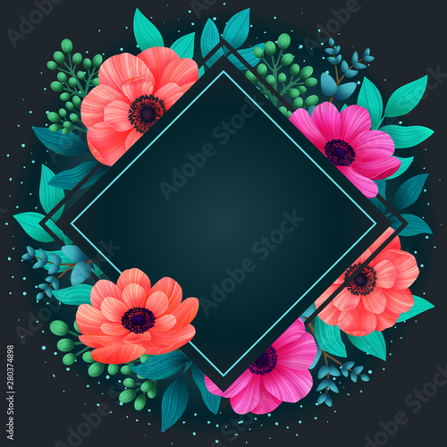 Floral frame. Tropical flowers trendy template. Design with beautiful neon fl...