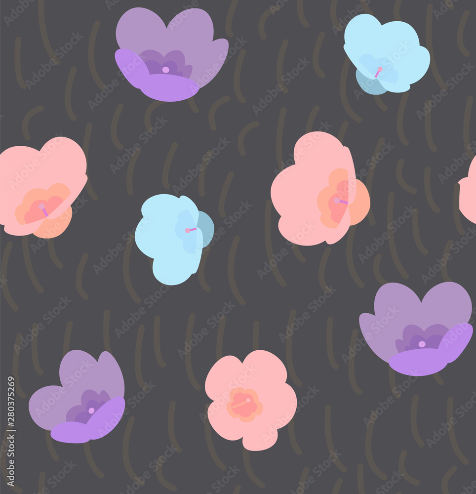 Pattern with chaotic squiggles and multicolor flowers, hipster style background.