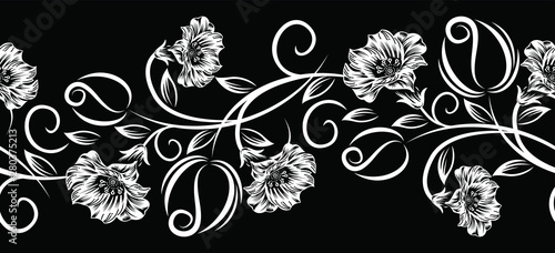 Fototapeta Naklejka Na Ścianę i Meble -  Seamless vector black and white rose flower border