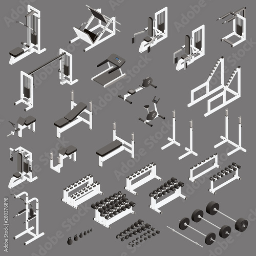 Gym equipment and machines isometric set. Vector.