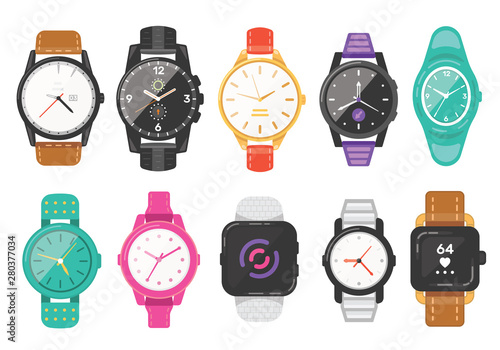 Classic men's and women's watches set of vector icons. Watch for businessman, smartwatch and fashion clocks collection.