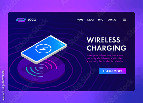 Wireless Charging smart phone battery wireless charger website isometric template concept page