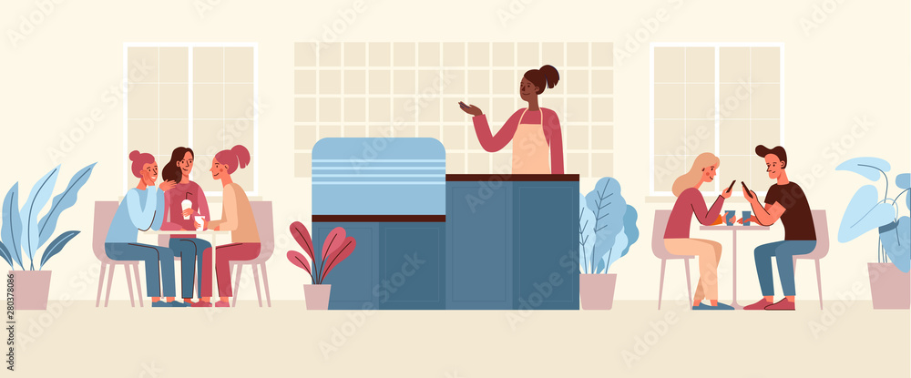 Vector illustration in simple flat style with characters - coffee shop interior Vector illustration in simple flat style with characters - coffee shop interior