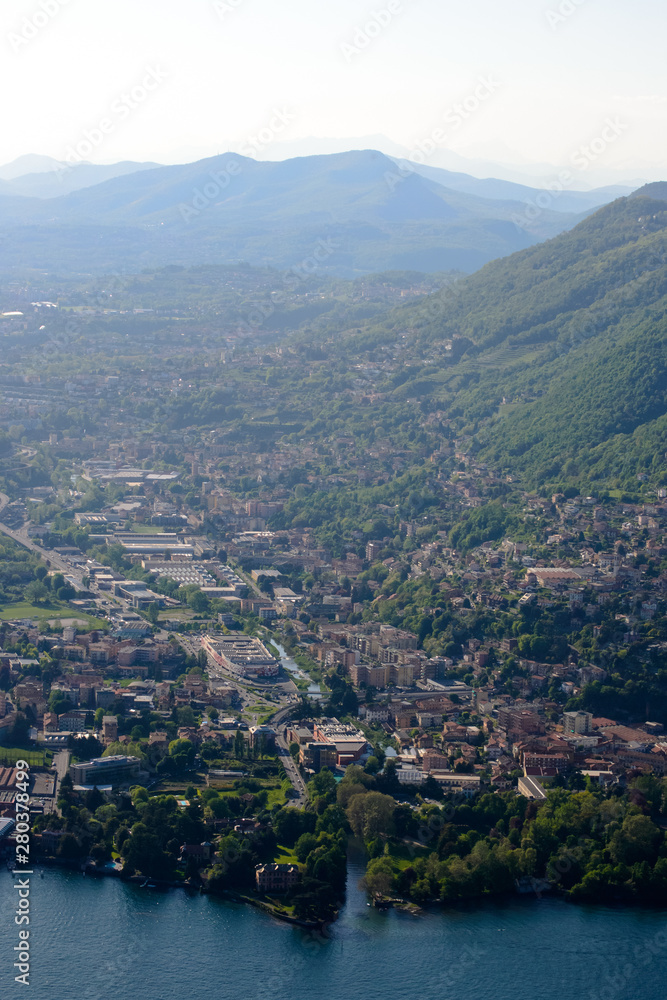Aerial view of the Como lake and the little town of Tavernola