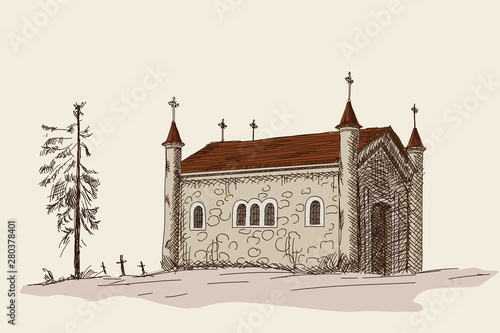 Ancient stone Christian temple with crosses on the roof. Hand sketch in vector.