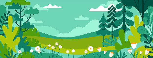 Gordijnen Koraalgroen Vector illustration in trendy flat simple style - spring and summer background with copy space for text - landscape with plants, leaves, flowers - background for banner, greeting card, poster and adve  © venimo
