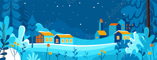 Vector illustration in trendy flat simple style - Merry  Christmas and Happy New Year greeting card and banner - winter landscape with houses